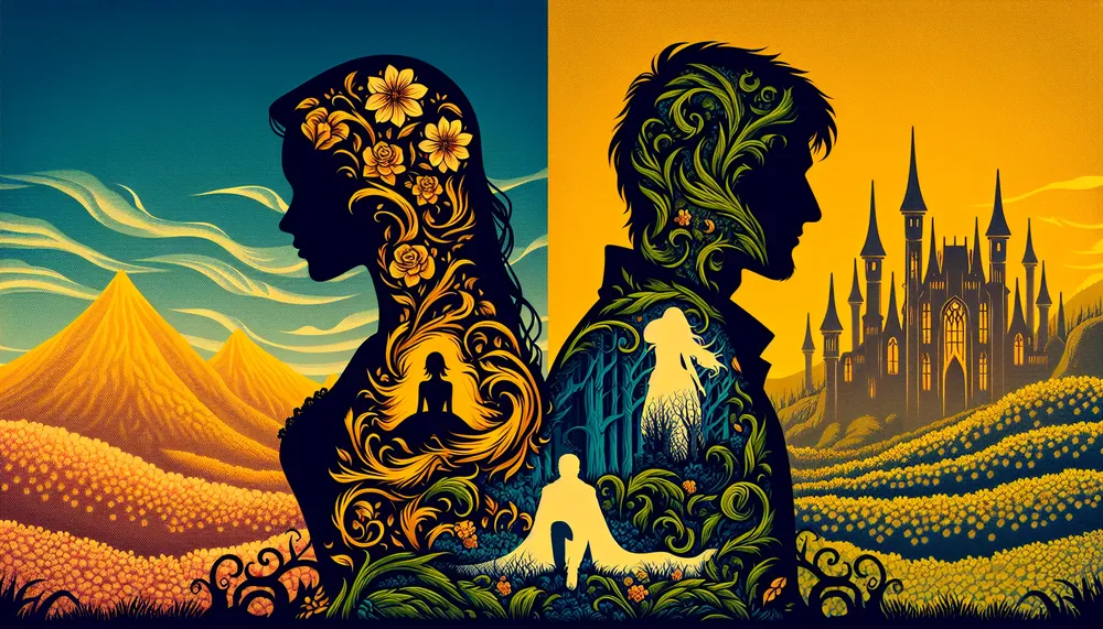 A silhouette of a couple, one with delicate features and the other with a rough, beastly outline against a background that blends a beautiful garden and a dark, foreboding castle; encapsulating the theme of dark romance.