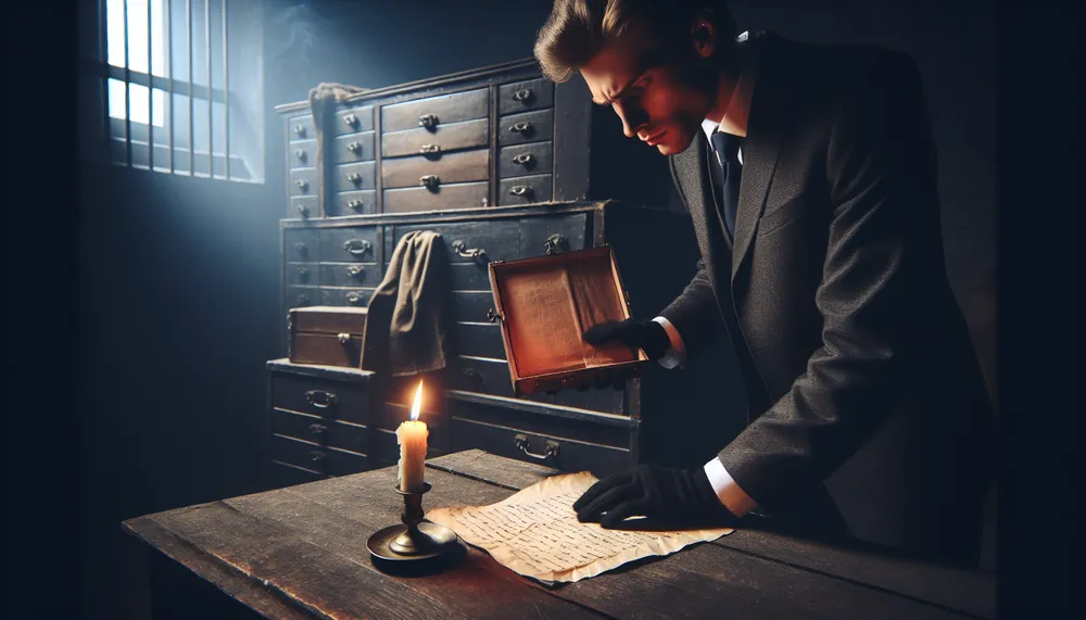 A mysterious and romantic image featuring a lawyer, dark shadows and secret letters