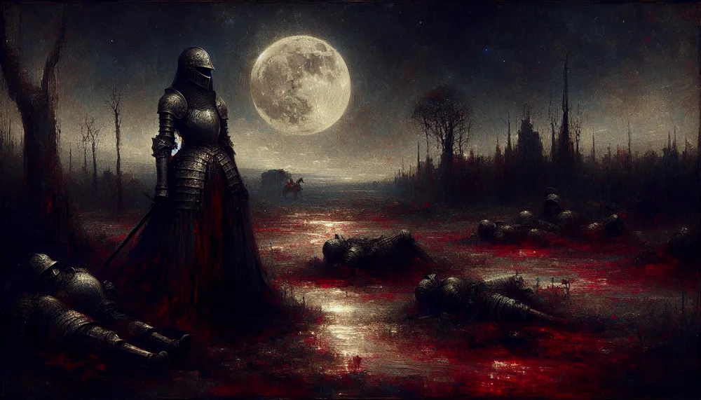 dark romance aesthetic with a knight under a bright moon on a bloody night, digital painting