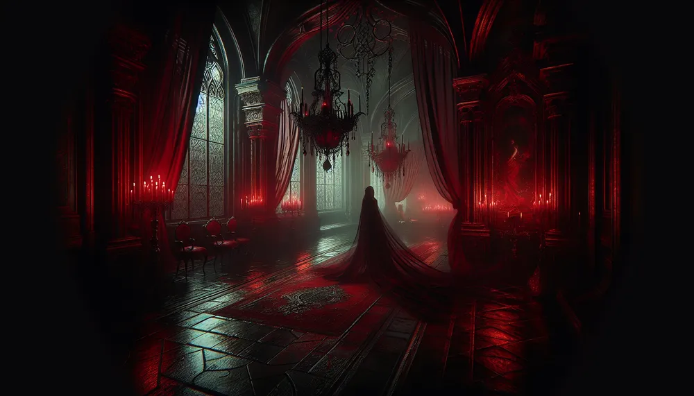 Gothic dark romance scene depicting an emotional and mysterious Crimson Vows themed visual with a focus on deep reds, shadows, and an aura of ancient melancholy.