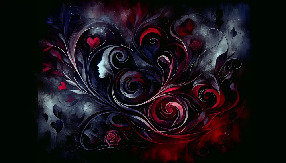 an abstract representation of dark romance, with intertwined elements of love and mystery, suitable for an article