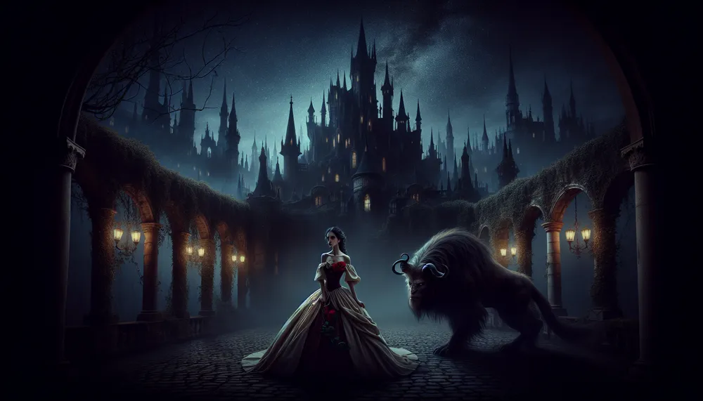 Dark and romantic enchanted castle with a mysterious beast and a beautiful woman, indicative of a Beauty and the Beast theme
