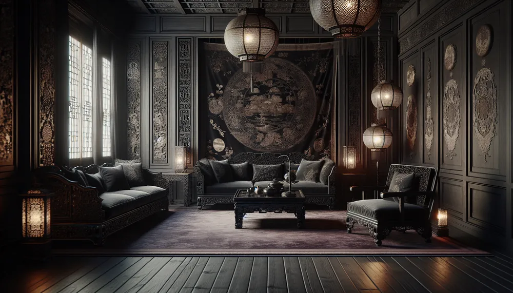 Dark romance decor in an Asian-inspired interior setting, showcasing a blend of traditional Asian elements with the enigmatic and elegant features of dark romance style. The image should convey a sense of mystery and sophistication.