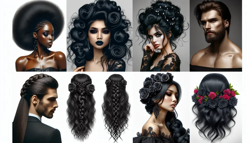 An evocative image showcasing various dark romance hairstyles for thick hair.