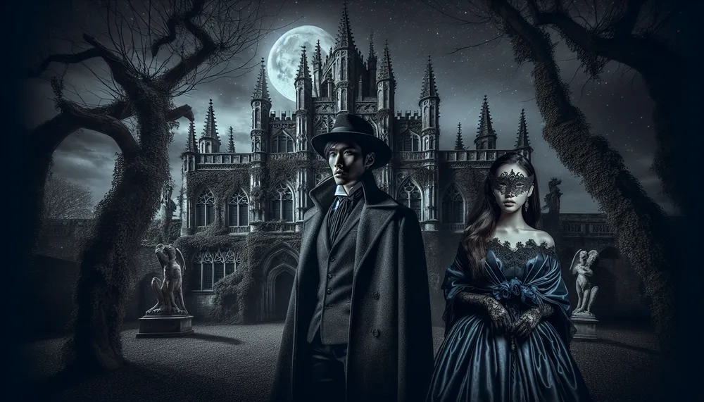 a gothic castle at night with a couple shrouded in mystery