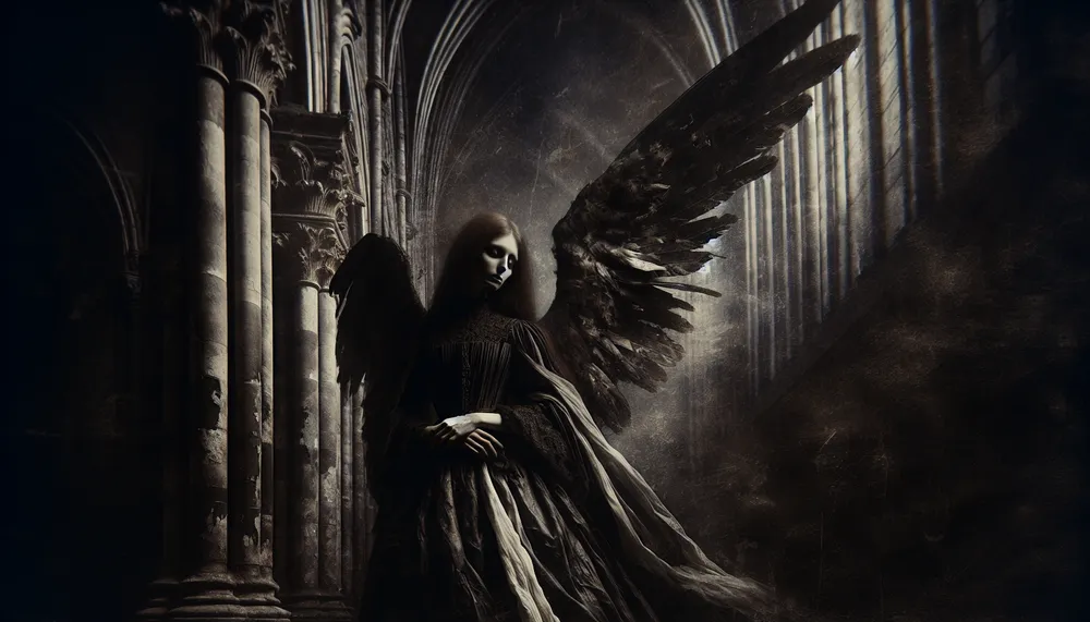 An illustration of a dark angel with broken wings, embodying a gothic romance theme.