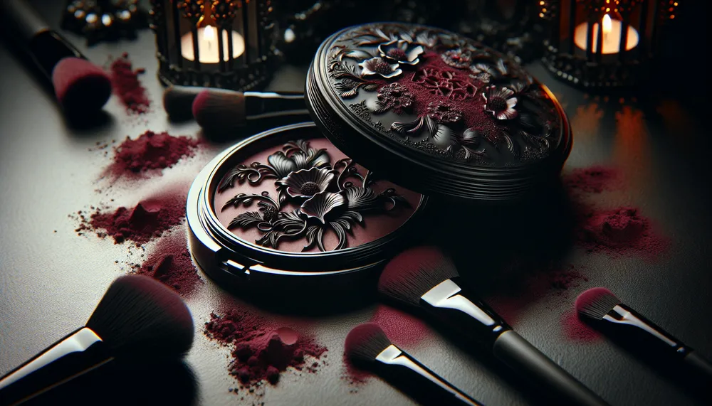 A thematically styled image capturing the essence of dark romance makeup powder fashion style