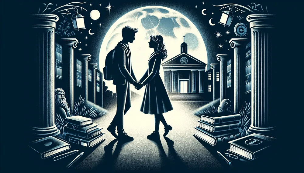 A dark and mysterious illustration representing forbidden love in a school setting
