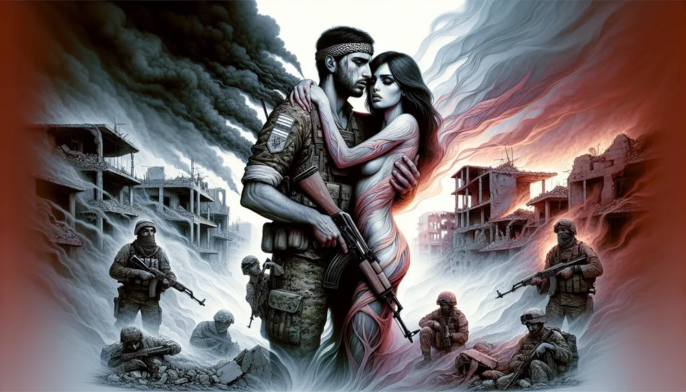 a haunting illustration of a dark romance between a soldier and their enemy in a war-torn setting
