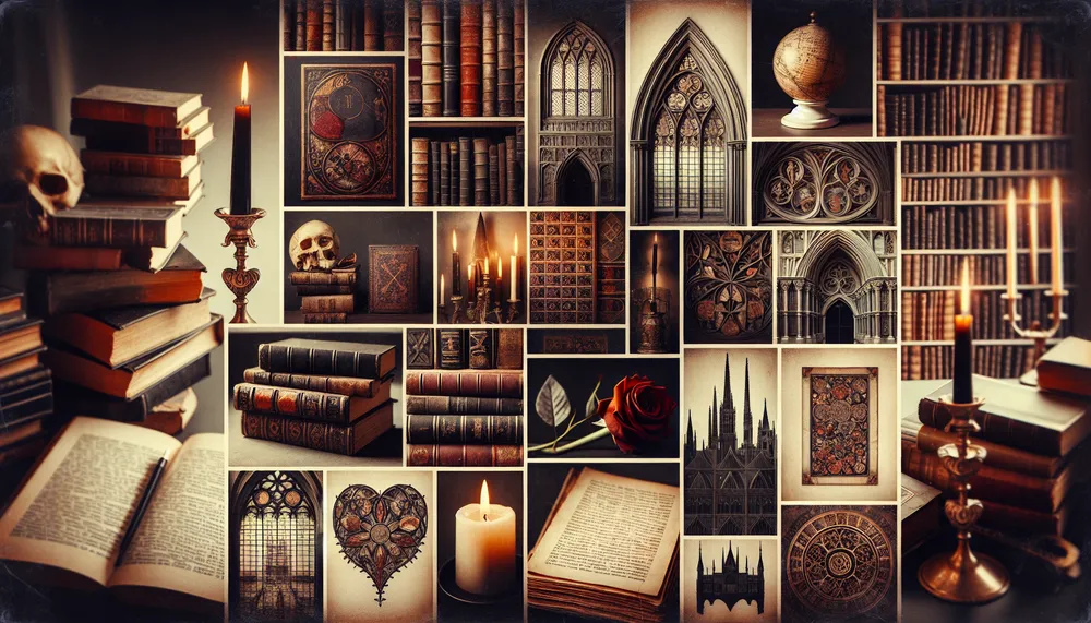 A collage representing dark college romance with books and gothic elements.