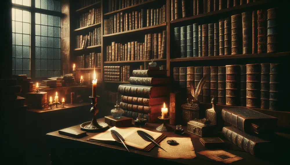 a cozy, dimly-lit library with vintage books, a candle and symbols of dark academia romance