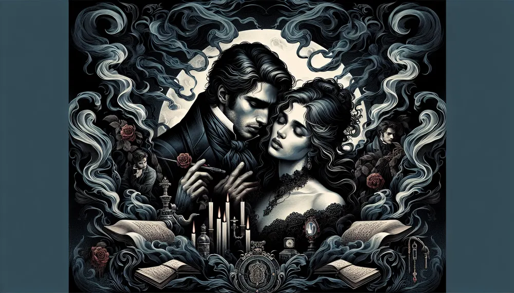 A dark and brooding romance novel cover with intricate details hinting at a complex, passionate story