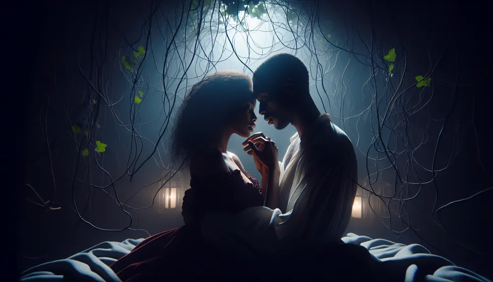 A dark romantic scene illustrating eternal love
