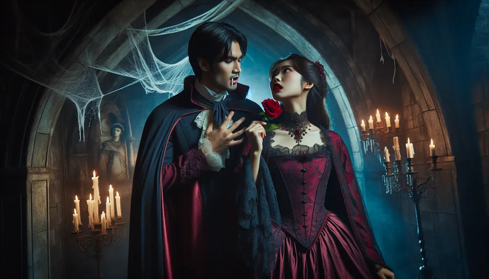 A gothic romantic scene illustrating vampiric romance themes in literature