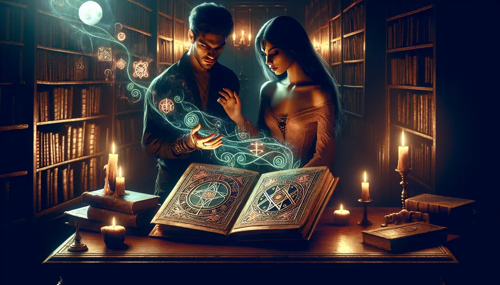 A mysterious and dark-themed romantic book cover illustration that embodies esoteric romance literature