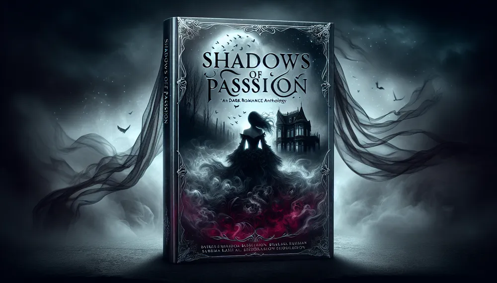 a mysterious and dramatic book cover with the title 'Shadows of Passion: Dark Romance Anthology'
