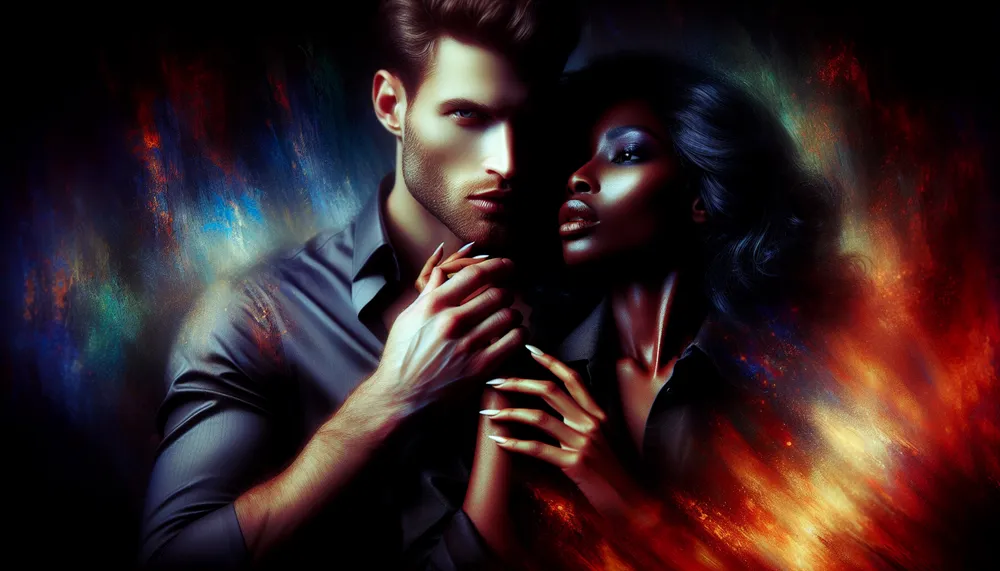 A mysterious and intense cover image for a BWWM dark romance novel, featuring intense colors and a hint of danger