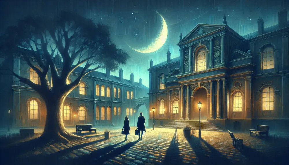 A mysterious and romantic college setting shrouded in darkness, which could serve as a potential book cover for 'The Ritual: A Dark College Romance'.