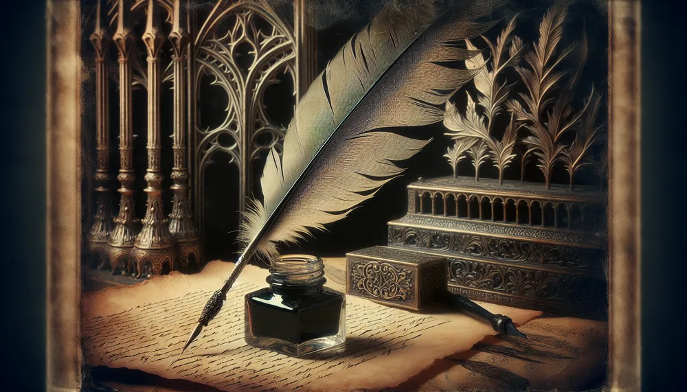 a quill and inkwell over a backdrop of subtle gothic romance elements