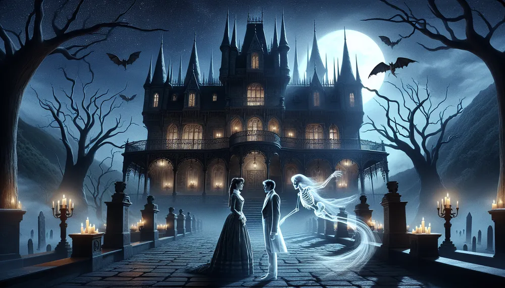 a romantic scene between a ghost and a human, with a gothic atmosphere, suitable for a film poster