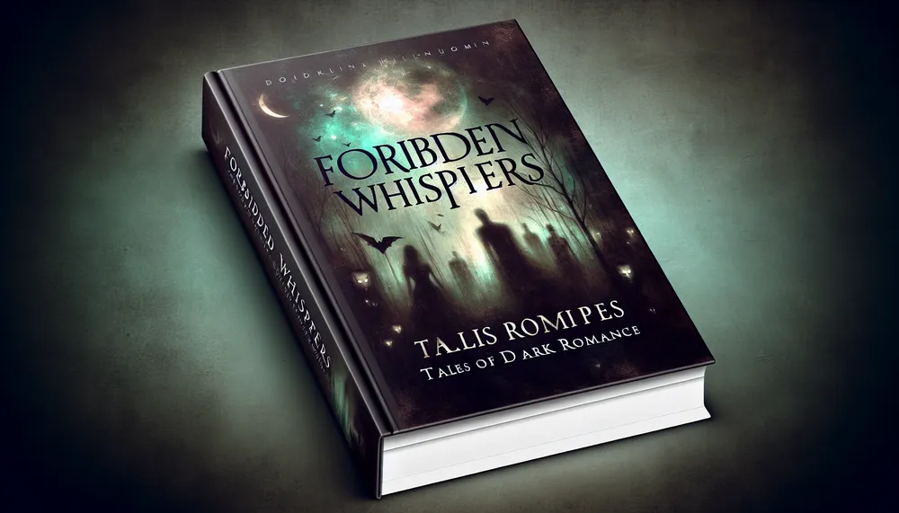 A shadowy book cover with a mysterious, romantic aura titled 'Forbidden Whispers: Tales of Dark Romance'