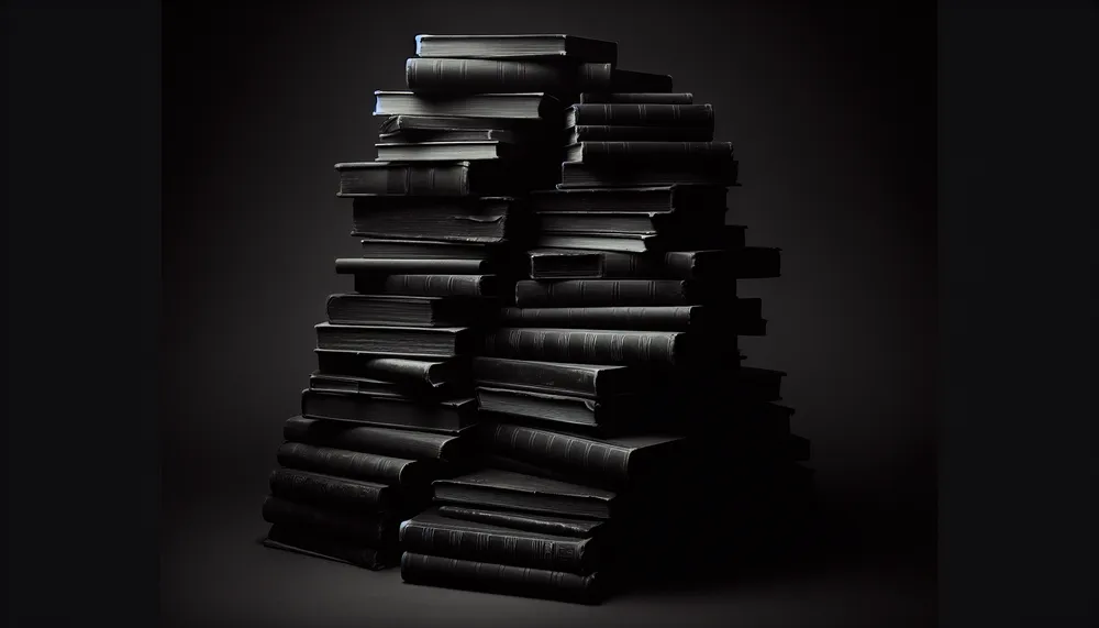 An image featuring a stack of dark, eerie books evoking a sense of foreboding and complexity, aligning with themes found in 'Dark Books Without Romance'.