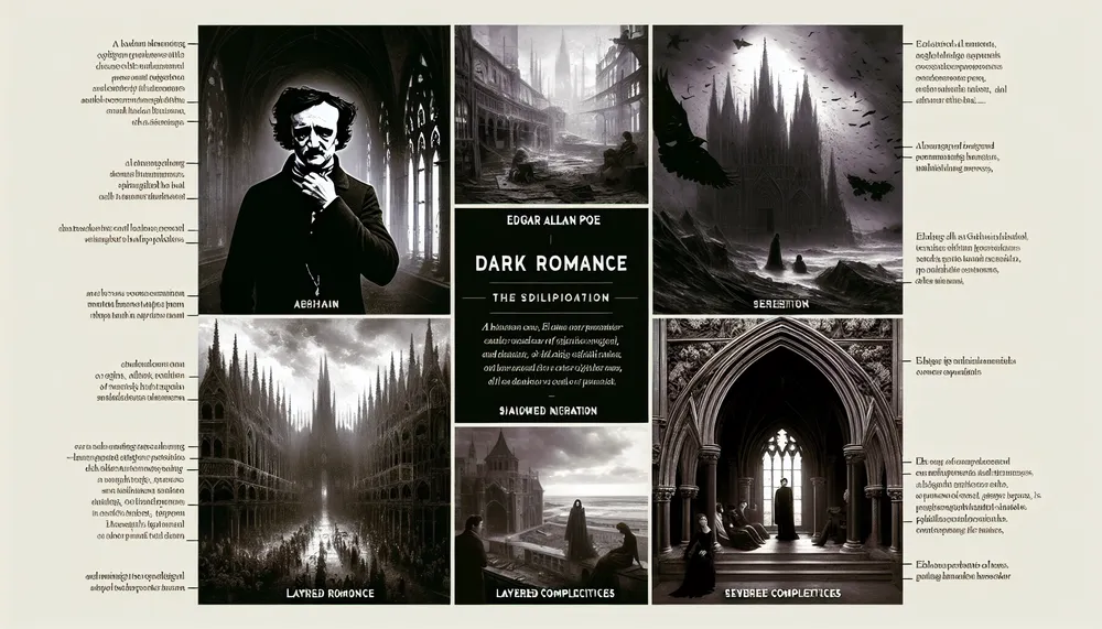 A thematic representation of Edgar Allan Poe's dark poems embodying the essence of dark romance, intricate and shadowed, with a hint of gothic ambiance.