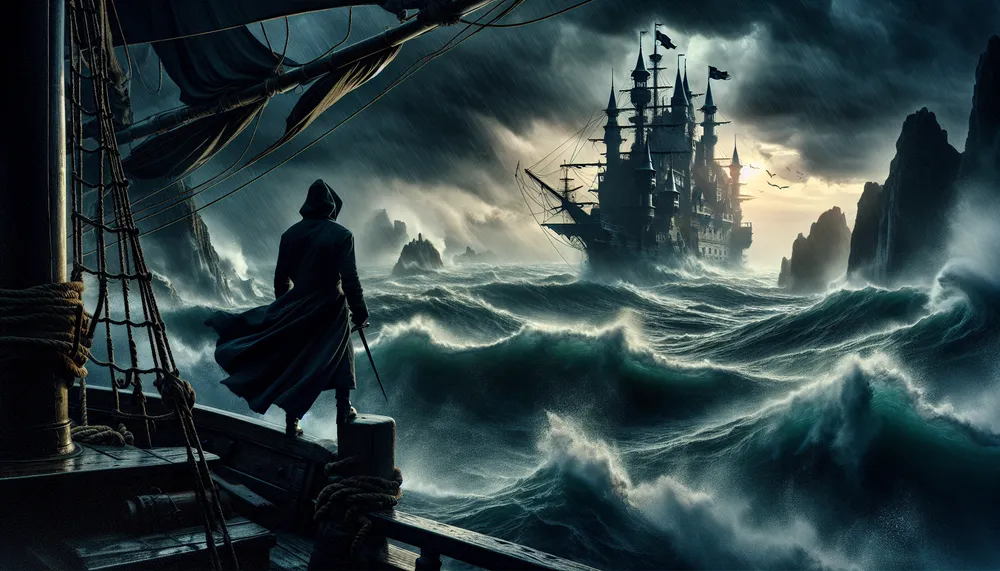 A dark and mysterious pirate ship on stormy seas with a shadowy figure standing on deck looking at a distant castle