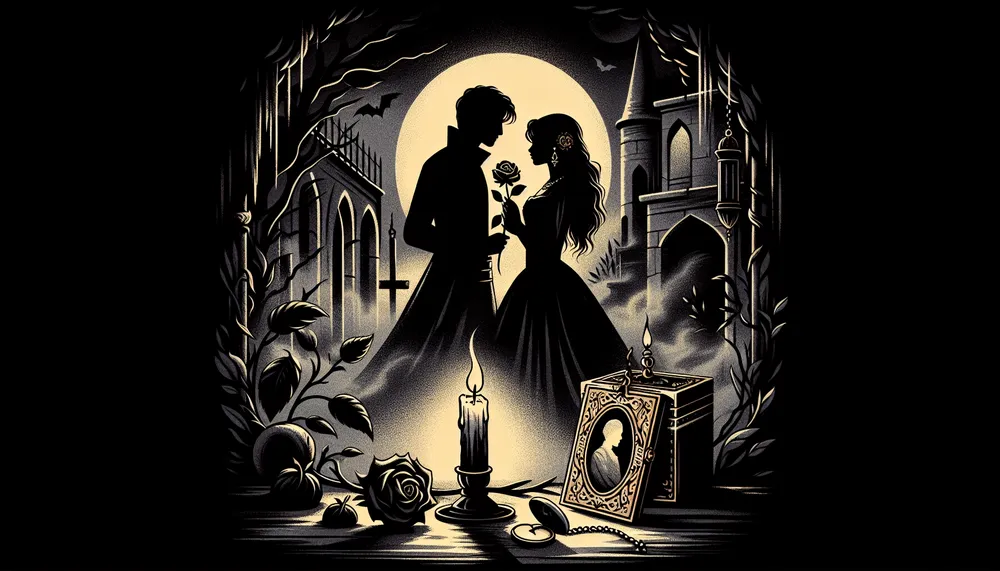 Artistic illustration of dark romance, mysterious love, and forbidden passion