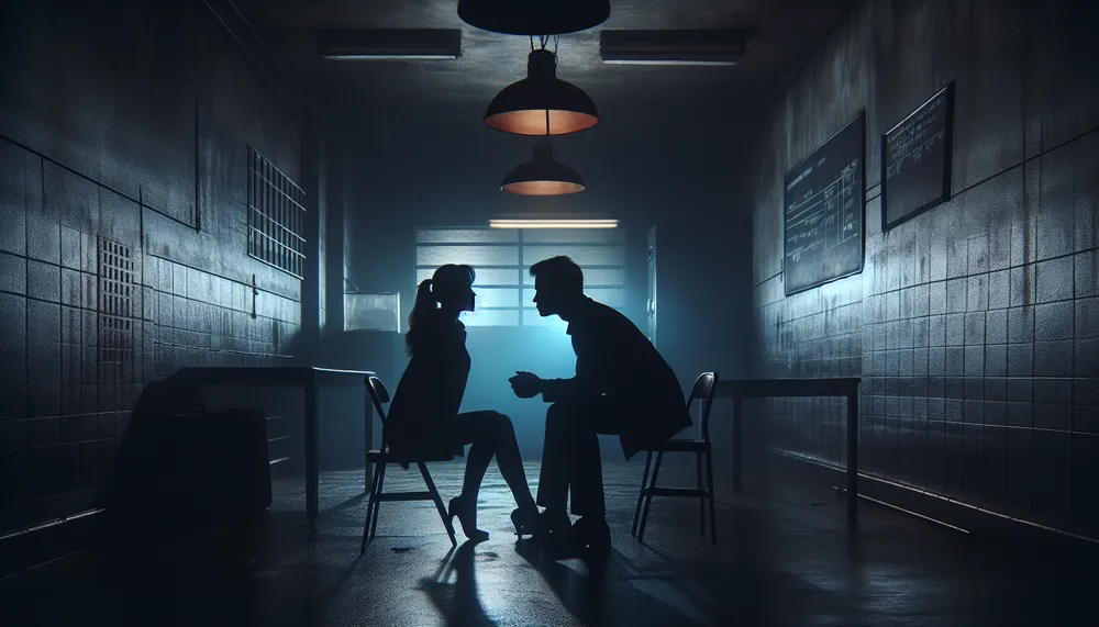 Dark atmospheric scene with two silhouette of a man and a woman, resembling a detective and a suspect, facing each other in a dimly lit interrogation room, a feeling of tension and forbidden romance