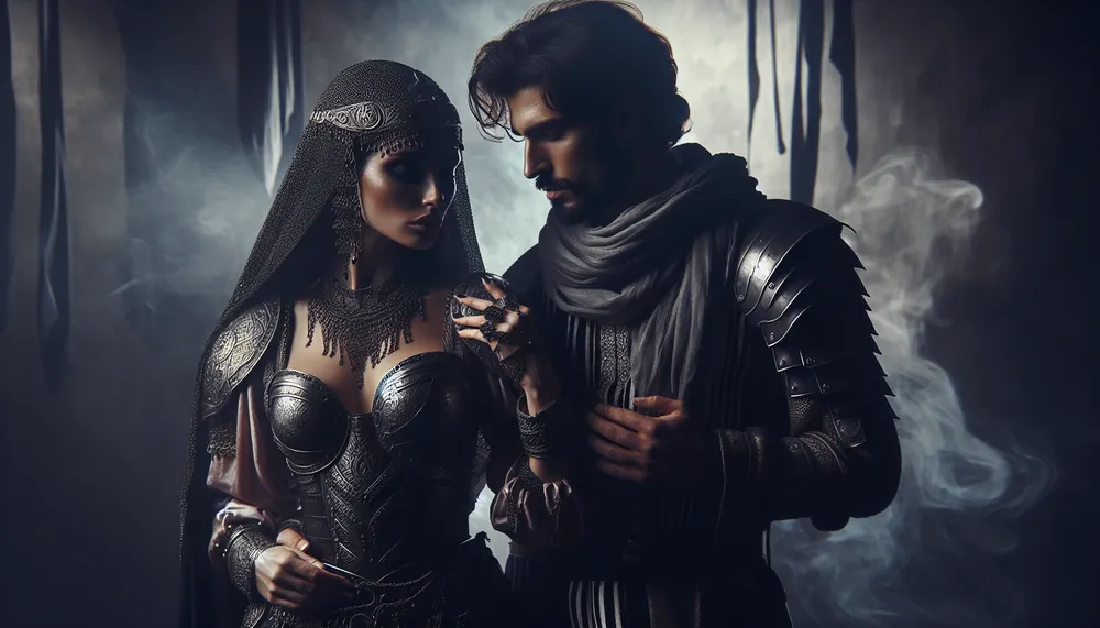 A dark, moody setting illustrating the essence of forbidden passion between a warrior and their love, capturing a sense of mysterious enchantment.