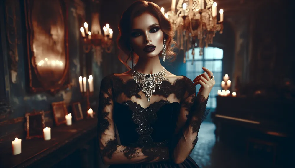 a mysterious and seductive dark romance fashion style themed image
