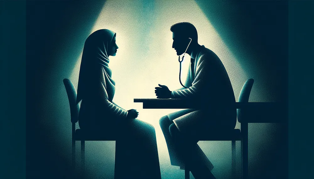 A dark and mysterious illustration depicting a forbidden romance theme in a medical setting, reflecting the concept of 'The Doctor's Dilemma'.