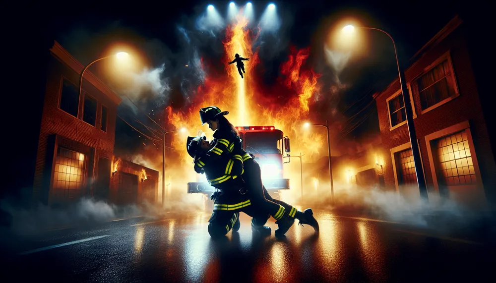 Firefighter rescuing a person from a burning building, in a dark romance theme