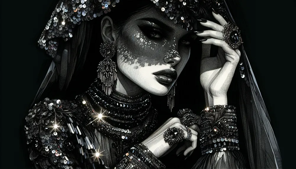 dark romance trends light-reflecting sequins in fashion illustration