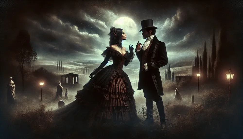 dark romance concept art depicting forbidden passion and mysterious love