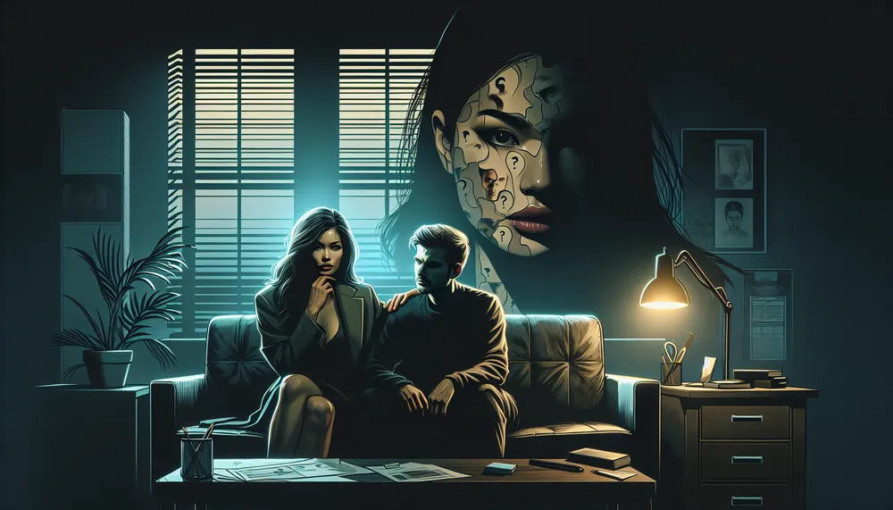 An image depicting an enigmatic and intense dark romance scene between a psychologist and their patient in a dimly lit office, with mysteries and emotions deeply etched on their faces, suitable for a short story cover