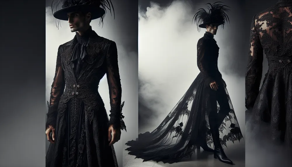 Dark romance fashion style with emphasis on layering and silhouette