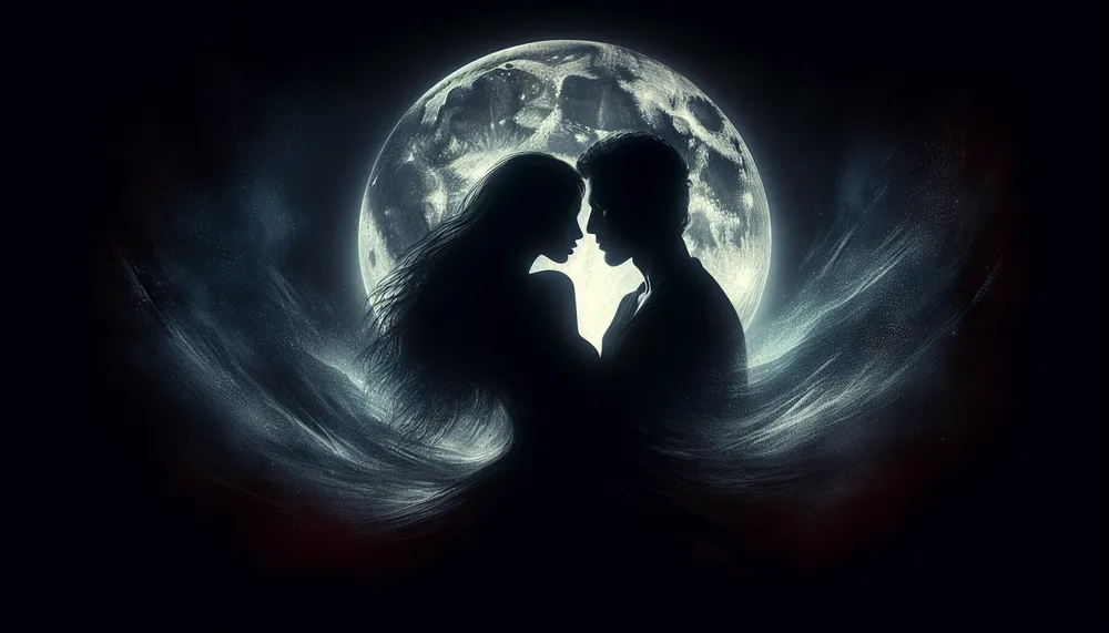 Dark and mysterious love affair, two silhouettes against a moonlit backdrop, illustrating a forbidden romance