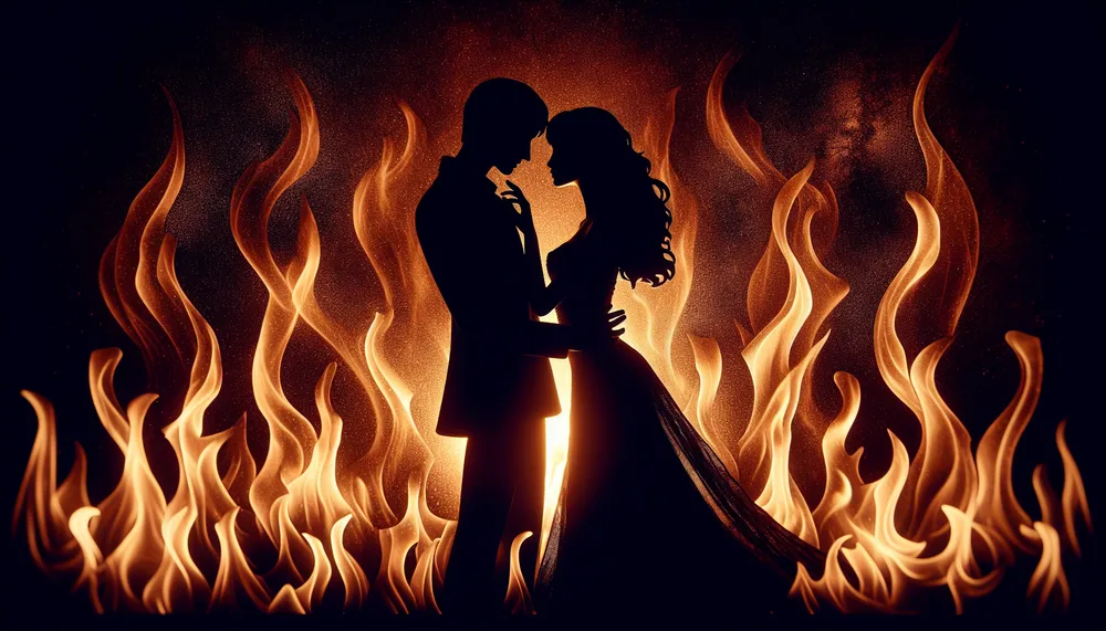 A silhouette of a couple embracing with a backdrop of flickering flames, evoking a sense of dark romance and mystery.