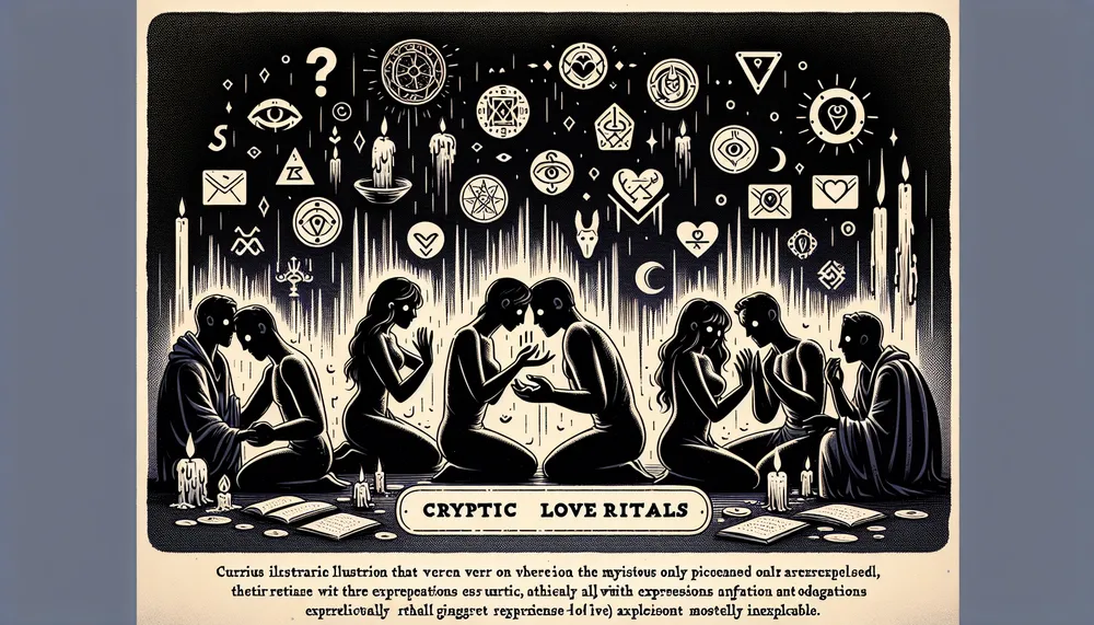 abstract concept of cryptic love rituals involving shadowy figures and enigmatic symbols