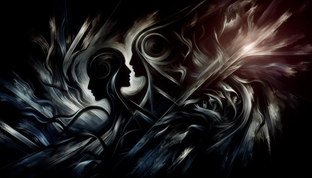 abstract representation of twisted love affairs, dark romance theme