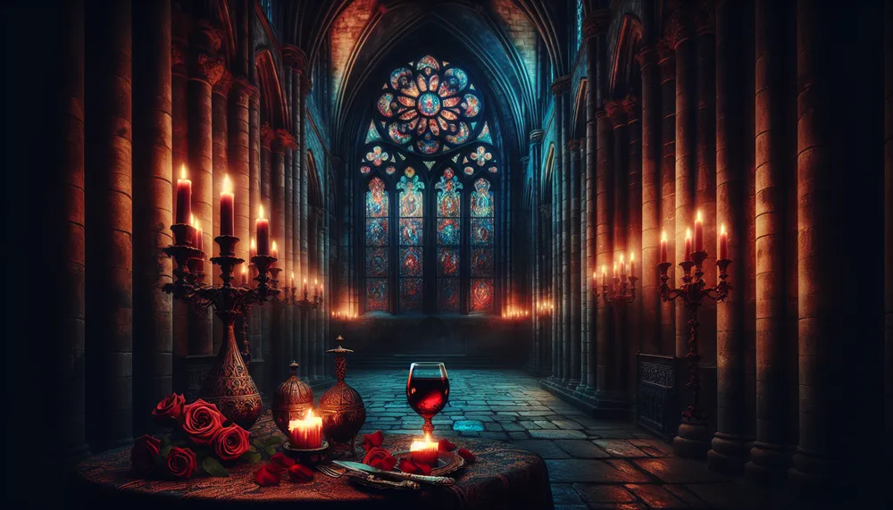 A dark and mysterious church setting with subtle romantic elements