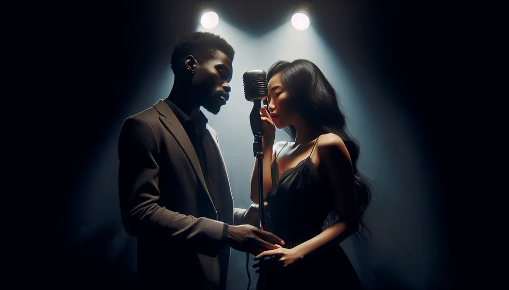 A moody and atmospheric image of two singers intertwined in a dark romance onstage, under a spotlight, with a vintage microphone, to visually imply tension and passion.