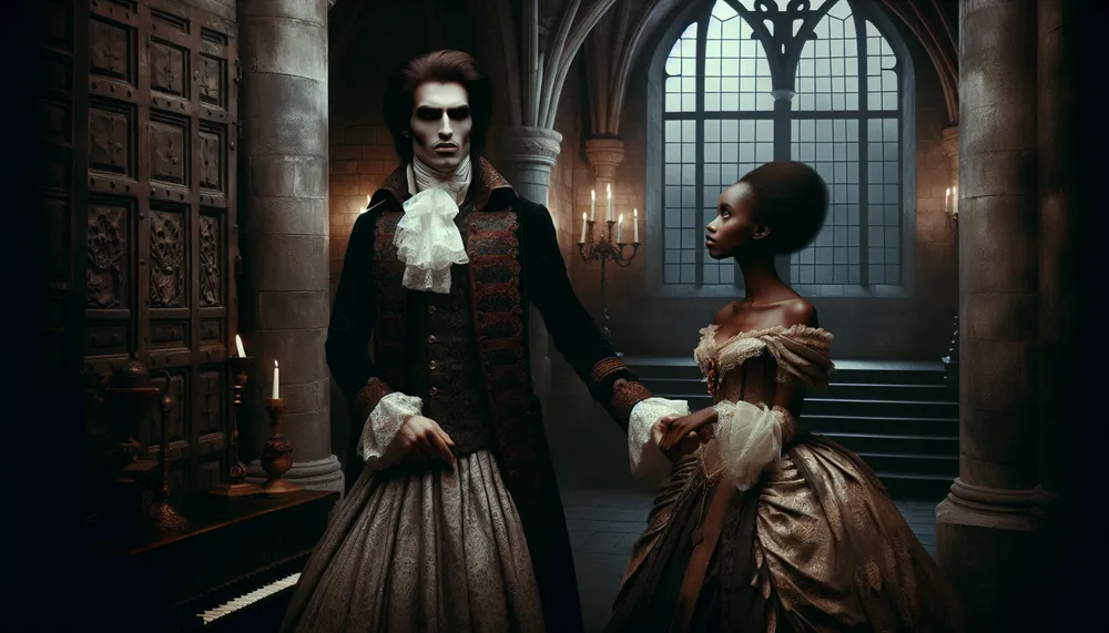 A dark and romantic gothic scene depicting a vampire's captive bride in an ancient castle