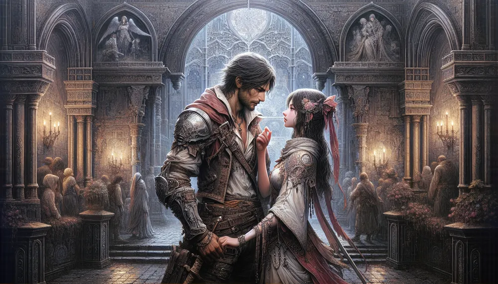 An artistic representation of romance in the game Dragon's Dogma: Dark Arisen, capturing the essence of dark romance between characters, with a gothic and enigmatic ambiance
