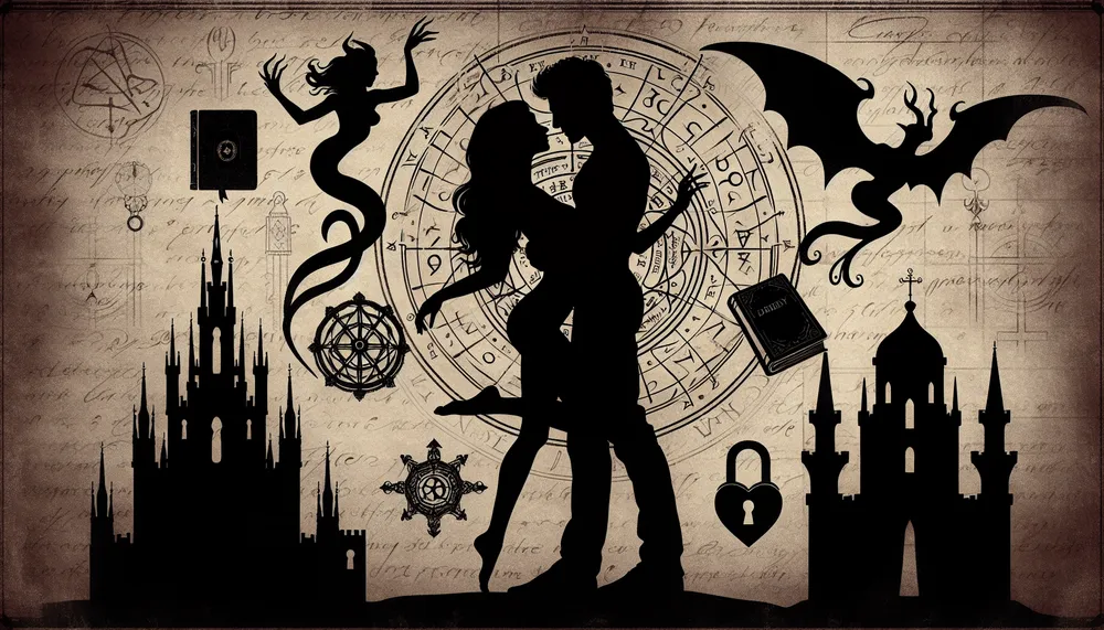 An image capturing the essence of dark romance on Wattpad, showcasing shadowy figures entangled in an undeniable bond, with a backdrop of mysterious elements hinting at hidden depths.