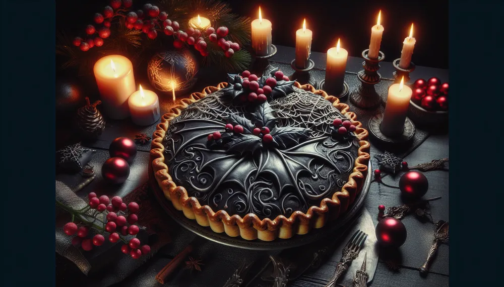 dark romance christmas pie with gothic elements, mistletoe and candles