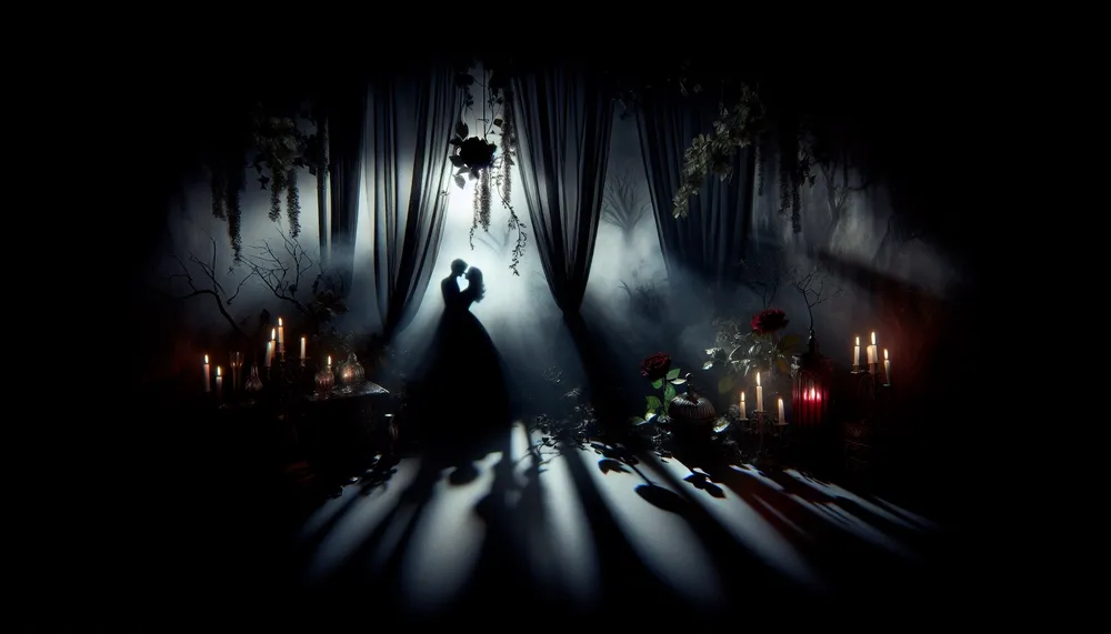 dark eerie romantic backdrop with shadowy figures