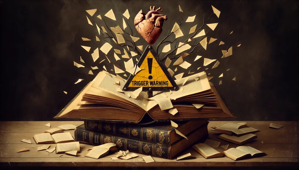 a symbolic representation of trigger warnings in dark romance literature, with symbols like a book, a caution sign, and fragmented heart
